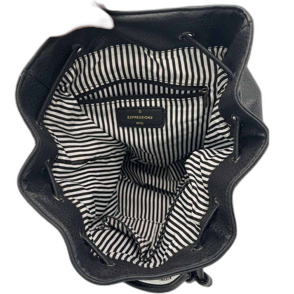 Expressions NYC Black Vegan Leather Backpack w/ Gunmetal Chain Detail NWOT - Picture 9 of 12